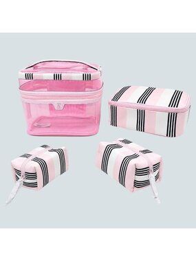 Victorias Secret Pink Striped 4-Piece Travel Cosmetic Bag Set NWT